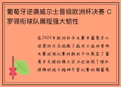 葡萄牙逆袭威尔士晋级欧洲杯决赛 C罗领衔球队展现强大韧性