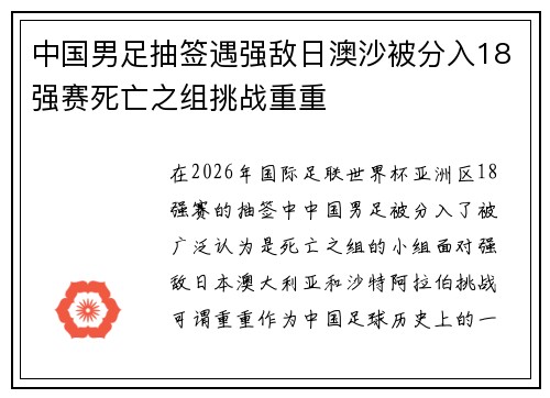 中国男足抽签遇强敌日澳沙被分入18强赛死亡之组挑战重重