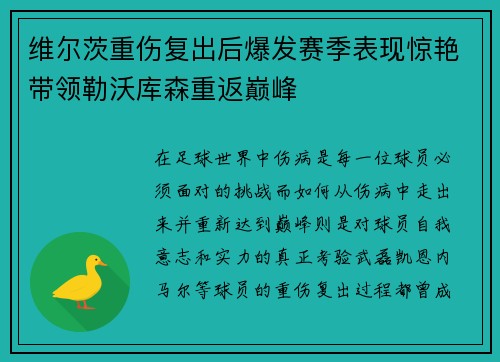 维尔茨重伤复出后爆发赛季表现惊艳带领勒沃库森重返巅峰